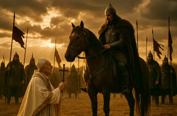 Papa I. Leo’nun, Hun hükümdarı Attila’nın atı önünde durup elindeki haçı kaldırarak konuştuğu dramatik görüşme sahnesi.